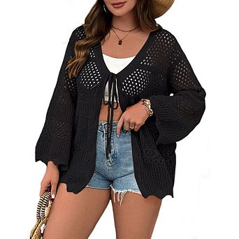 Women's Plus Size Cardigan Bow Tie Hollow Out Cardigans Sweaters Sheer Crochet Knit Outwear