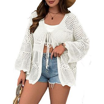 Women's Plus Size Cardigan Bow Tie Hollow Out Cardigans Sweaters Sheer Crochet Knit Outwear