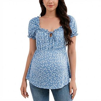 Maternity Shirts Women Square Neck Tie Casual Tops Puff Short Sleeve Pregnancy Blouse