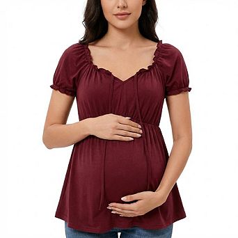 Maternity Shirts Women Square Neck Tie Casual Tops Puff Short Sleeve Pregnancy Blouse