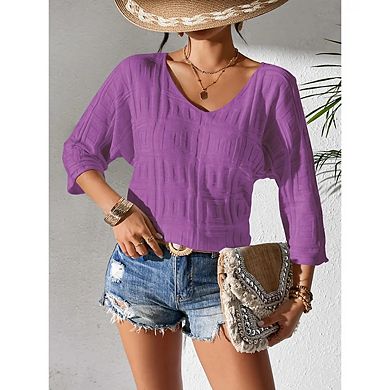 Women's V Neck Pullover Sweater Thin Knitted Casual Loose Top with Three Quarter Sleeves