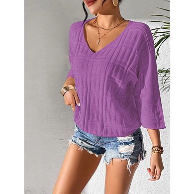 Women's V Neck Pullover Sweater Thin Knitted Casual Loose Top with Three Quarter Sleeves
