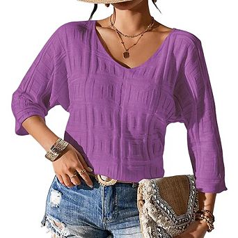 Women's V Neck Pullover Sweater Thin Knitted Casual Loose Top with Three Quarter Sleeves