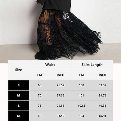 Women's Lace Sheer Maxi Skirts A Line Ruffle Boho Goth See Through Long Skirts