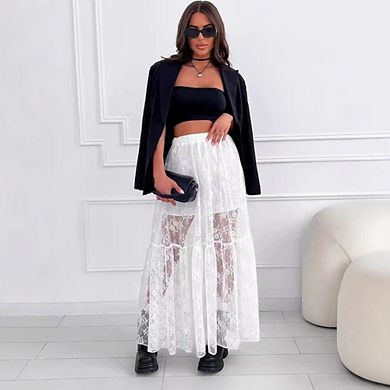 Women's Lace Sheer Maxi Skirts A Line Ruffle Boho Goth See Through Long Skirts