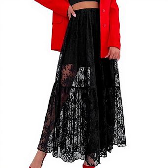 Women's Lace Sheer Maxi Skirts A Line Ruffle Boho Goth See Through Long Skirts