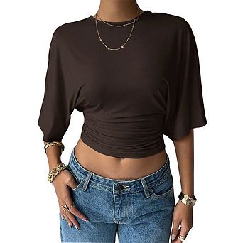 Women's Half Sleeve Cinched Waist Short Tops Ruched Crew Neck T Shirts Going Out Crop Tops