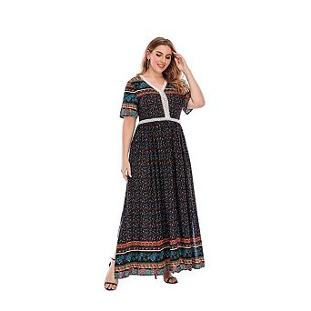 Women's Bohemian Plus Size Print Long Dress V-Neck High Waist Ruffle Side Slit Casual Flowy Dresses