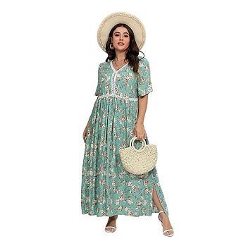 Women's Bohemian Plus Size Print Long Dress V-Neck High Waist Ruffle Side Slit Casual Flowy Dresses