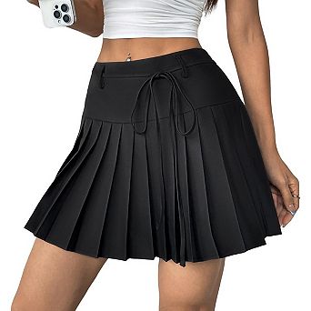 Women's Mini Skirt High Waist A-Line Pleated Short Tennis Skirt Tie Waist with Side Zipper