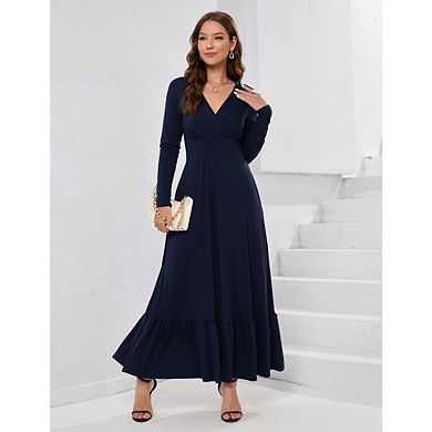 Women Long Sleeve Deep V Neck Loose Plain Long Maxi Casual Dress With Pockets
