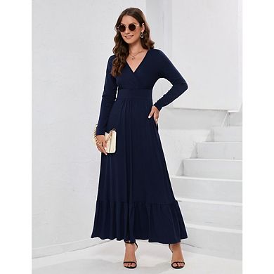 Women Long Sleeve Deep V Neck Loose Plain Long Maxi Casual Dress With Pockets