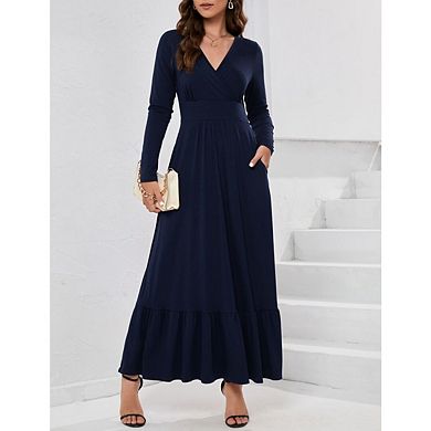 Women Long Sleeve Deep V Neck Loose Plain Long Maxi Casual Dress With Pockets