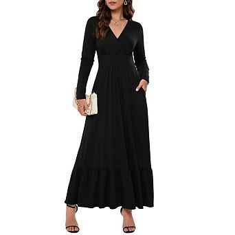 Women Long Sleeve Deep V Neck Loose Plain Long Maxi Casual Dress With Pockets