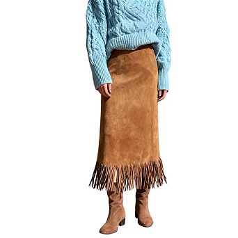 Women's Fringe Trim Faux Suede Skirt High Waisted Pencil Dressy Midi Long Skirt