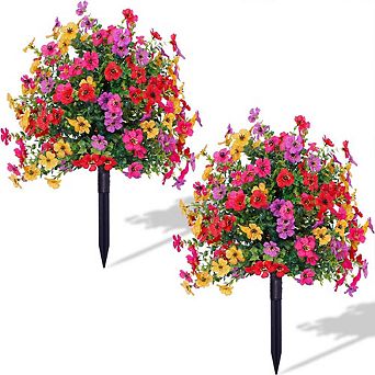 2-Pack Artificial Flower Bushes Outdoor UV Resistant Faux Floral Garden Stakes for Patio Porch Yard