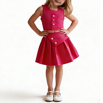 Girls'2 pc Set Sleeveless Crop Top and Flared Skirt with Buttons Casual Sets