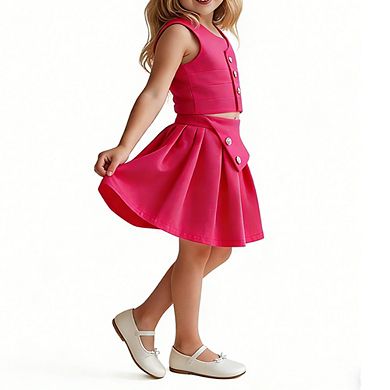 Girls'2-Piece Set Sleeveless Crop Top and Flared Skirt with Buttons Casual Sets