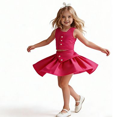 Girls'2-Piece Set Sleeveless Crop Top and Flared Skirt with Buttons Casual Sets