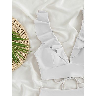 Women High Waisted Bikini Sets Tummy Control Swimsuit Back Straps Ruffle Push Up Bathing Suit