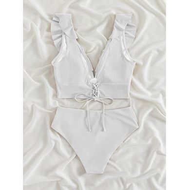 Women High Waisted Bikini Sets Tummy Control Swimsuit Back Straps Ruffle Push Up Bathing Suit