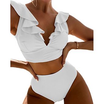 Women High Waisted Bikini Sets Tummy Control Swimsuit Back Straps Ruffle Push Up Bathing Suit