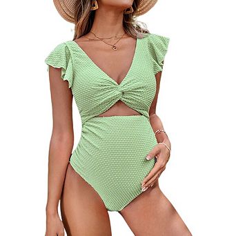 Women's Maternity Swimsuit One-Piece V-Neck Pregnancy Bathing Suit Tie-Back Ruffle Sleeves Swimwear
