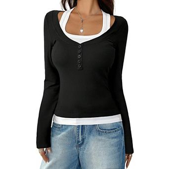 Women's Long Sleeve Shirts Halter Neck Henley Tops Button Going Out T-Shirts Slim Fitt Clothes