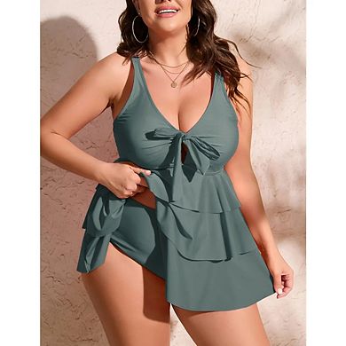 Women's Plus Size Swim Dress Swimsuit Ruffle One Piece Bathing Suit Front Bow Swim Suits