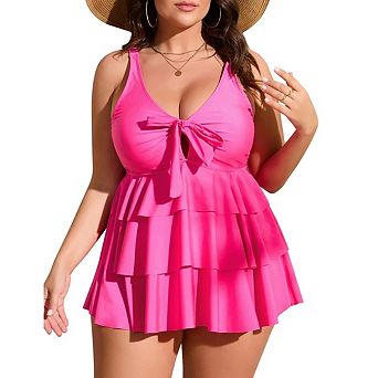 Women's Plus Size Swim Dress Swimsuit Ruffle One Piece Bathing Suit Front Bow Swim Suits