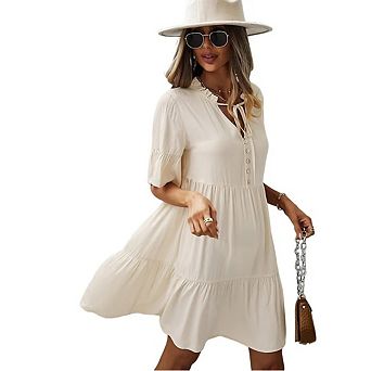 Women's Summer Short Sleeve Dress Casual V Neck Button Down Loose Flowy Ruffle Tiered Dress