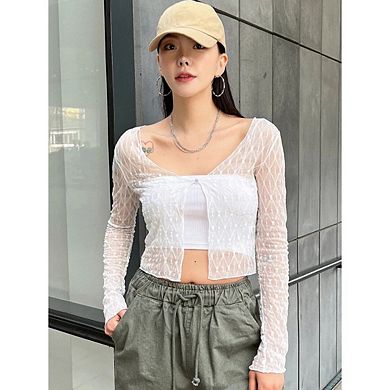 Women's Sheer Mesh Tie Front Shrug V Neck Open Front Lightweight Textured Crop Tops
