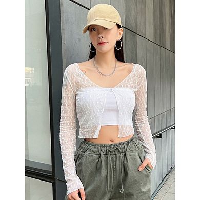 Women's Sheer Mesh Tie Front Shrug V Neck Open Front Lightweight Textured Crop Tops