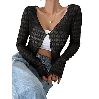 Women's Sheer Mesh Tie Front Shrug V Neck Open Front Lightweight Textured Crop Tops
