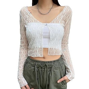 Women's Sheer Mesh Tie Front Shrug V Neck Open Front Lightweight Textured Crop Tops