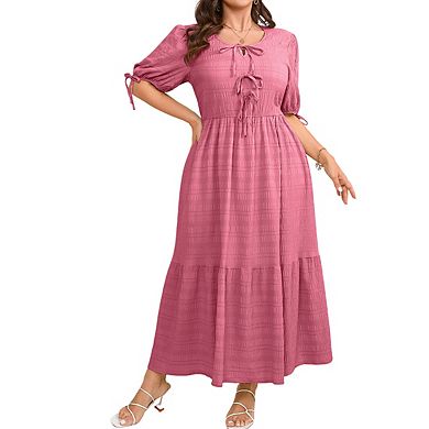 Women's Plus Size Crew Neck Puff Sleeve Tie Front Textured Flowy Tiered Maxi Dress