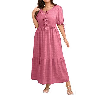 Women's Plus Size Crew Neck Puff Sleeve Tie Front Textured Flowy Tiered Maxi Dress