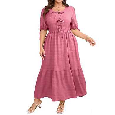 Women's Plus Size Crew Neck Puff Sleeve Tie Front Textured Flowy Tiered Maxi Dress