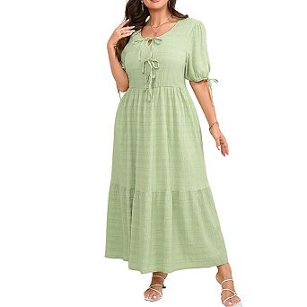 Women's Plus Size Crew Neck Puff Sleeve Tie Front Textured Flowy Tiered Maxi Dress