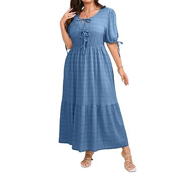 Women's Plus Size Crew Neck Puff Sleeve Tie Front Textured Flowy Tiered Maxi Dress