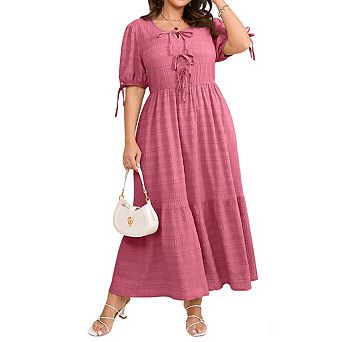 Women's Plus Size Crew Neck Puff Sleeve Tie Front Textured Flowy Tiered Maxi Dress