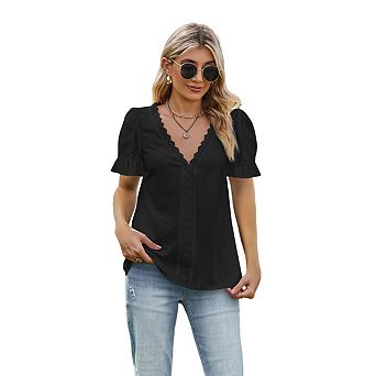 Women Tops Casual Summer Puff Short Sleeve V Neck Lace Crochet Chiffon Blouses Shirts