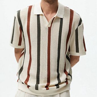 Men's Summer Polo Shirt Striped Open Knit Short Sleeve Casual Top