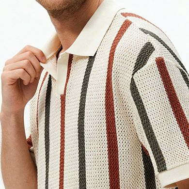 Men's Summer Polo Shirt Striped Open Knit Short Sleeve Casual Top