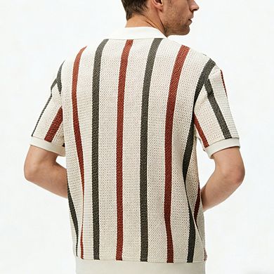 Men's Summer Polo Shirt Striped Open Knit Short Sleeve Casual Top