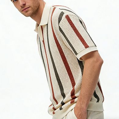 Men's Summer Polo Shirt Striped Open Knit Short Sleeve Casual Top