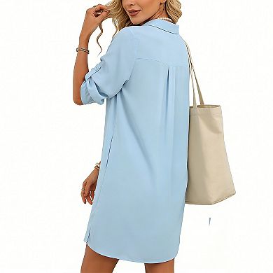 Women's Button Down Shirt Dress Roll Tab Short Sleeve Collared Casual Mini Dress