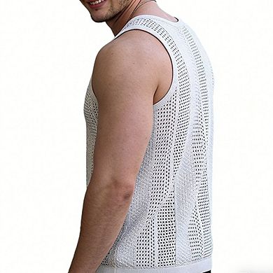 Men's Sleeveless Top Crew Neck Open Knit Summer Tank Casual Top