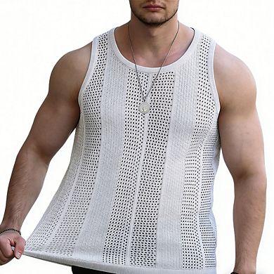 Men's Sleeveless Top Crew Neck Open Knit Summer Tank Casual Top