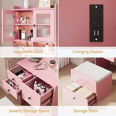 3-in-1 Make Up Vanity Desk with Mirror & Lights, Compact Vanity Table with Drawers